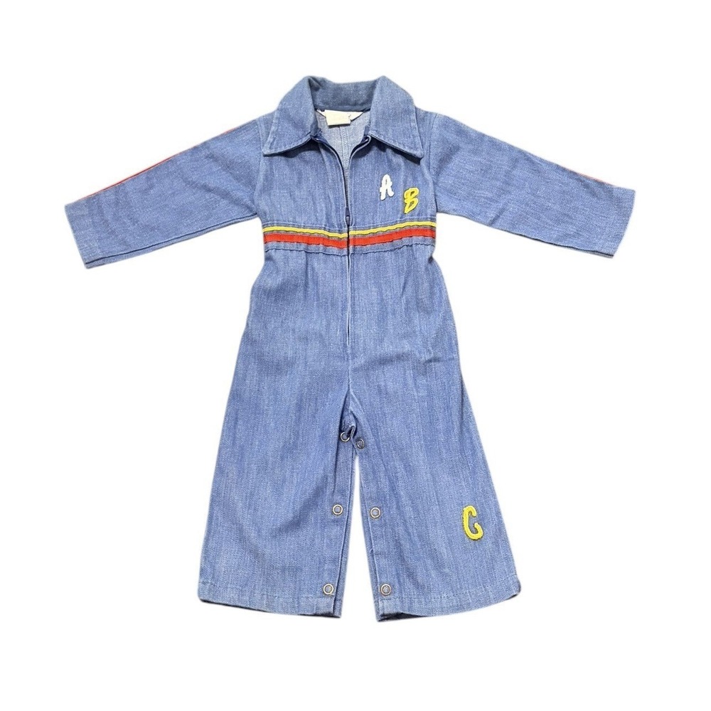 Vintage Good Lad Toddler 70s ABC Denim Zip Up Jumpsuit  Size 12M Blue Stripe